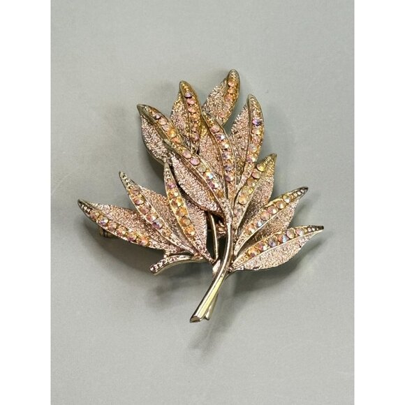 Vintage Dodds Designer Signed Rhinestone Jeweled Leaf Brooch Dress Pin 2 3/4" - Picture 4 of 6